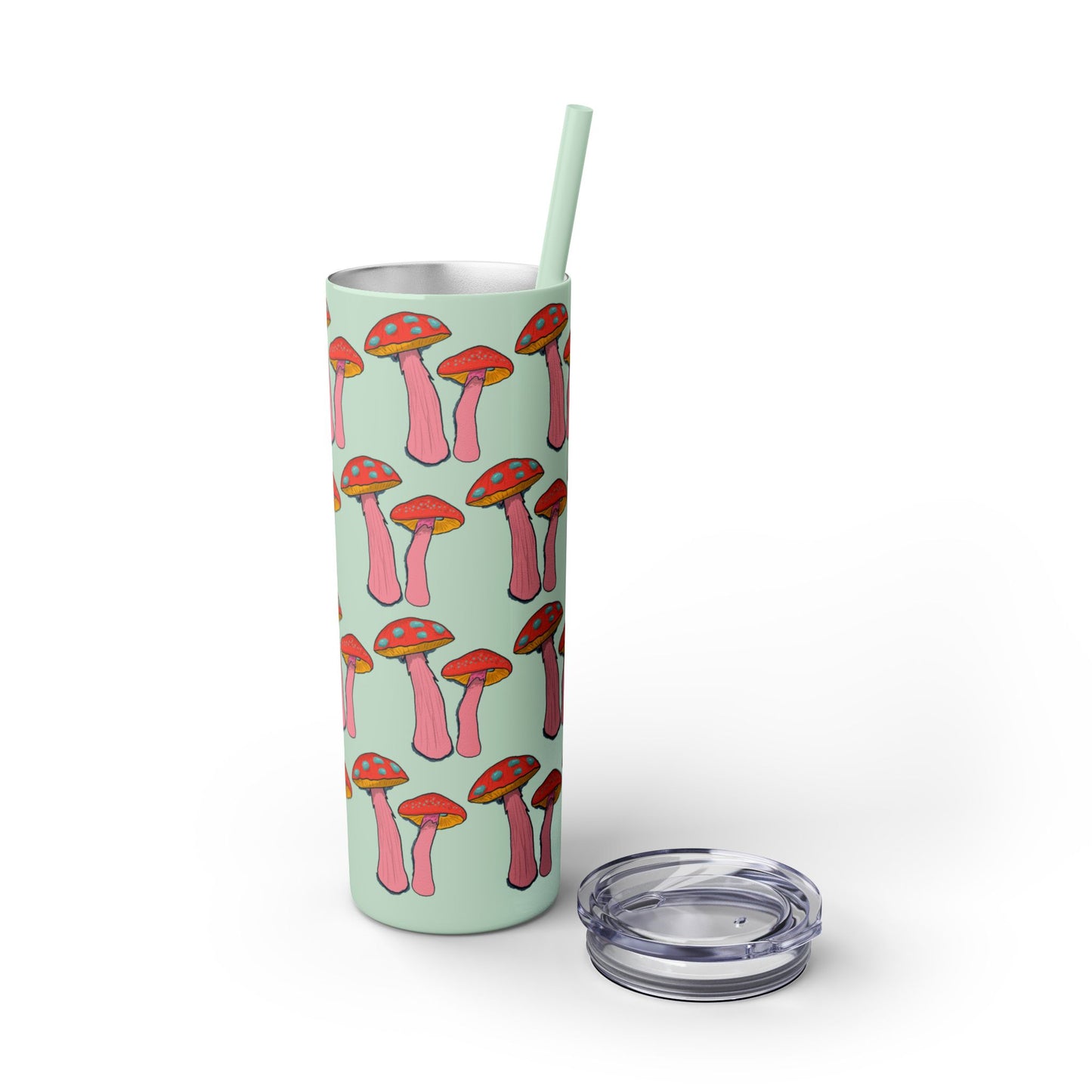 Fairy Tumbler, Pink Mushroom Design, Skinny Cup, Fantasy Drinkware, Enchanted Reusable Tumbler, Magic Drink Holder