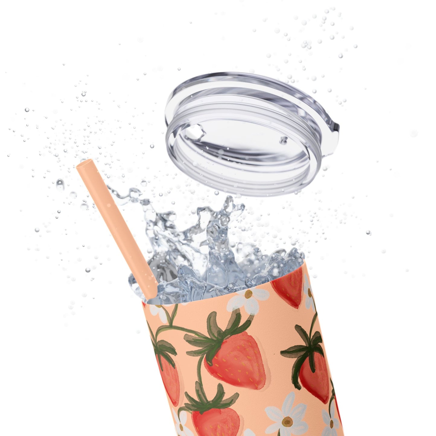 Pink Strawberry Skinny Tumbler, 20oz - Summer Fruit Drink Cup, BPA-Free Insulated Travel Mug, Reusable Eco-Friendly Cup, Gift for Smoothie