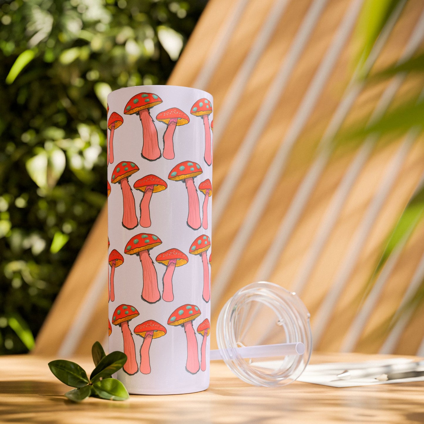 Fairy Tumbler, Pink Mushroom Design, Skinny Cup, Fantasy Drinkware, Enchanted Reusable Tumbler, Magic Drink Holder