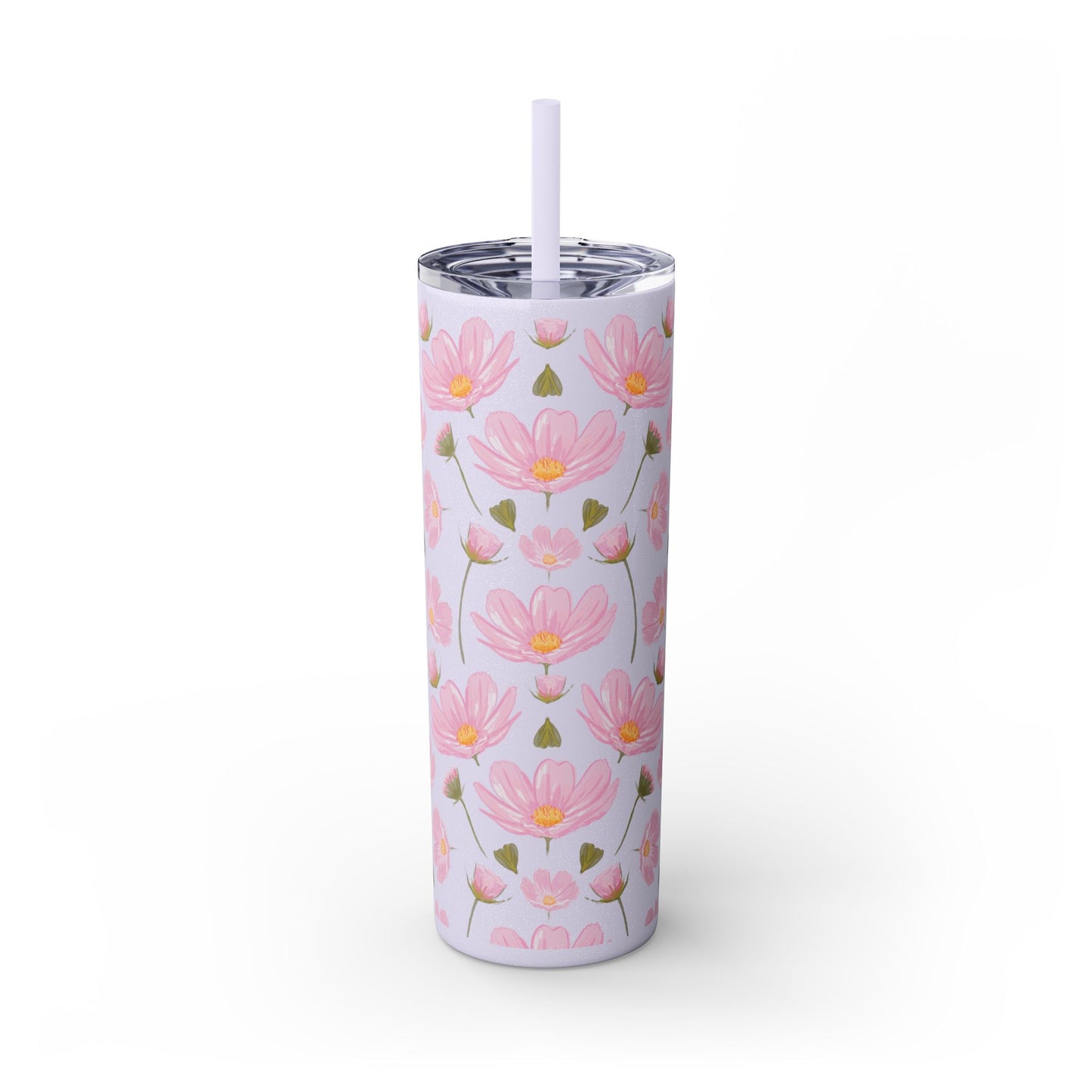 Pink Flower Skinny Tumbler, Floral Summer Water Bottle, 20oz Insulated Cup, Gift for Her, Travel Mug, Bridesmaid Gift, Eco-Friendly Reusable