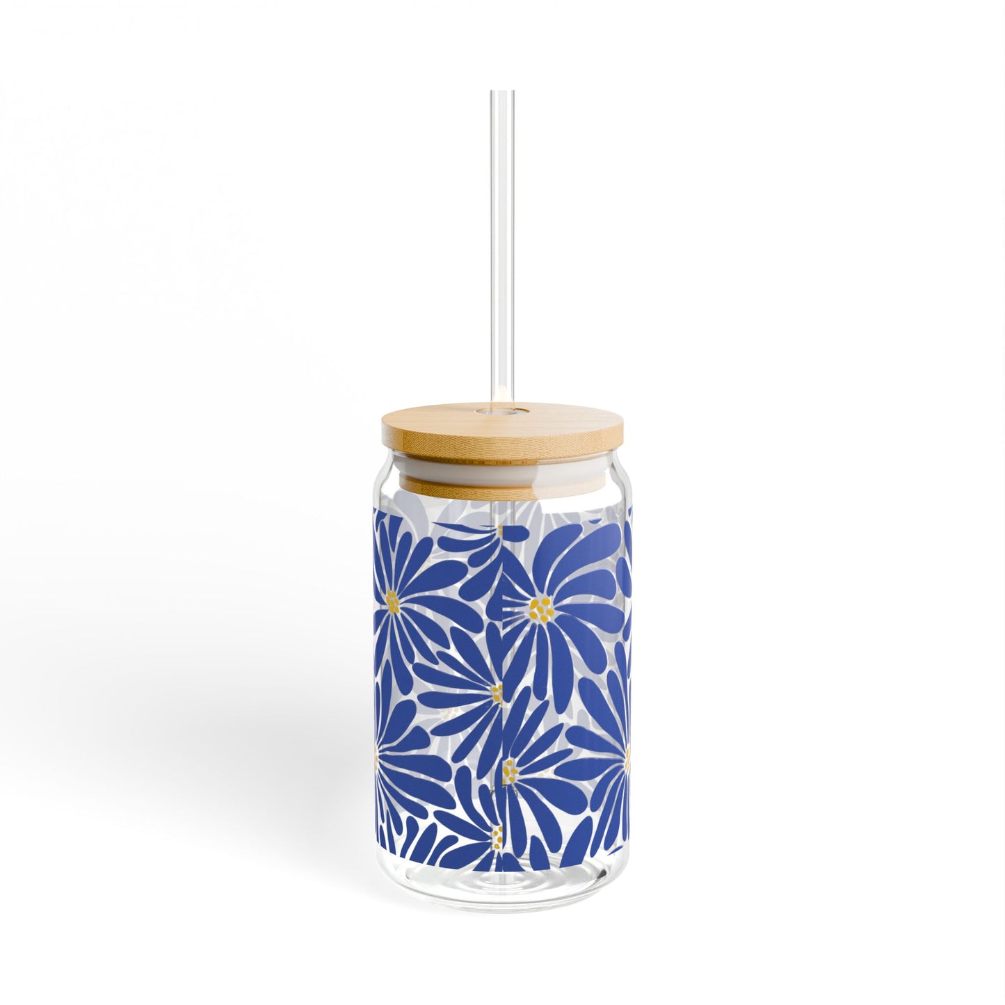 Elegant Blue and Gold Floral Sipper Glass, Stylish 16oz Drinkware, Summer Event cups, Glass cup, Vinyl Glass Cup, Great Gifts ideas
