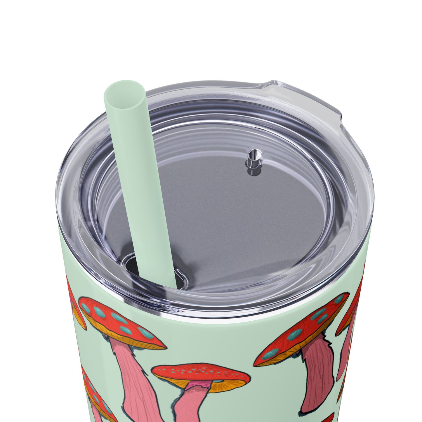 Fairy Tumbler, Pink Mushroom Design, Skinny Cup, Fantasy Drinkware, Enchanted Reusable Tumbler, Magic Drink Holder