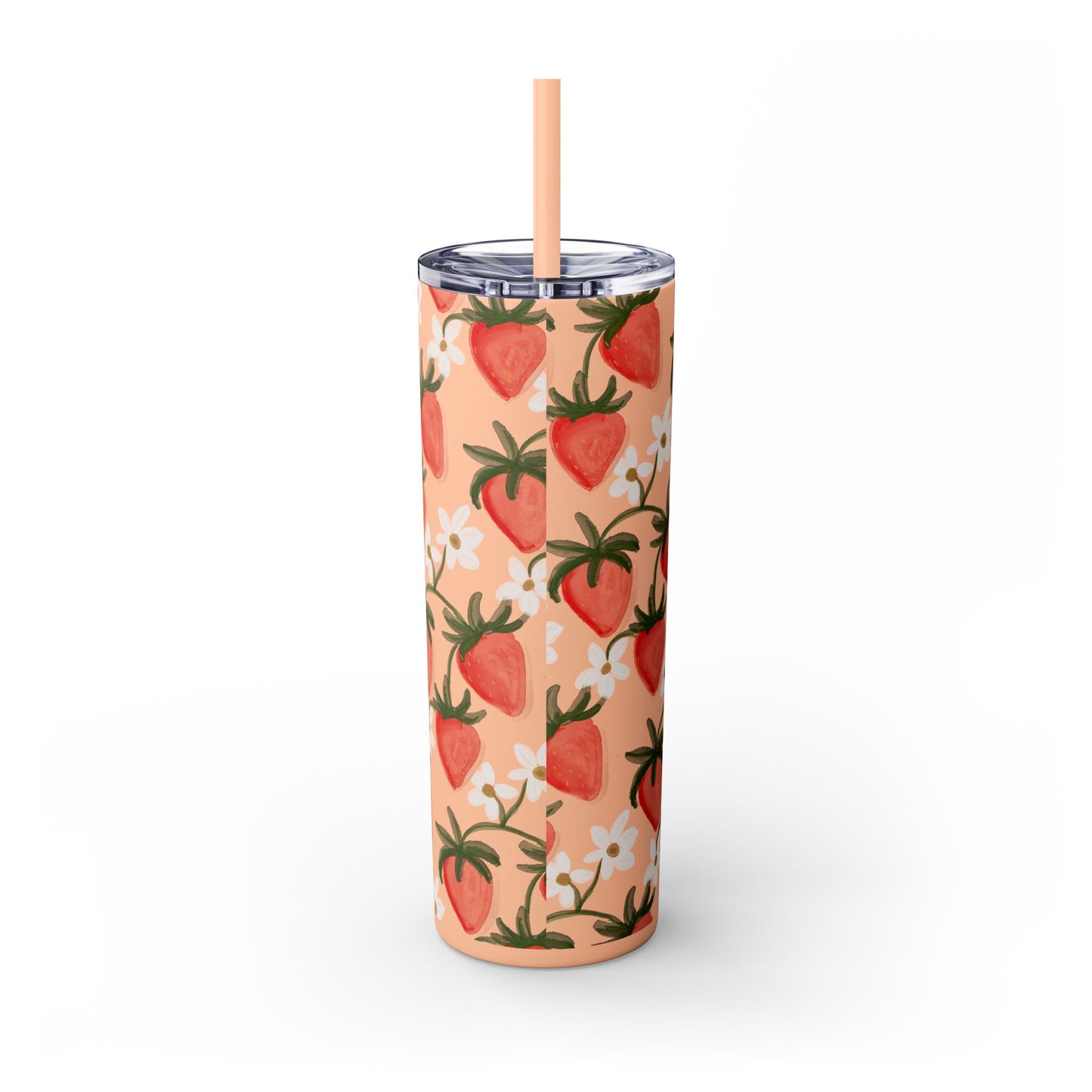 Pink Strawberry Skinny Tumbler, 20oz - Summer Fruit Drink Cup, BPA-Free Insulated Travel Mug, Reusable Eco-Friendly Cup, Gift for Smoothie