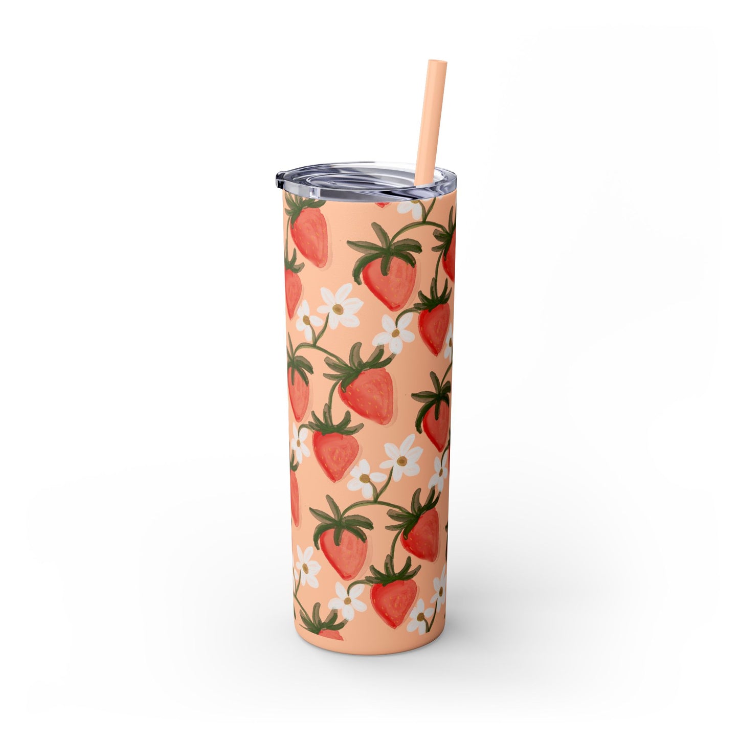 Pink Strawberry Skinny Tumbler, 20oz - Summer Fruit Drink Cup, BPA-Free Insulated Travel Mug, Reusable Eco-Friendly Cup, Gift for Smoothie