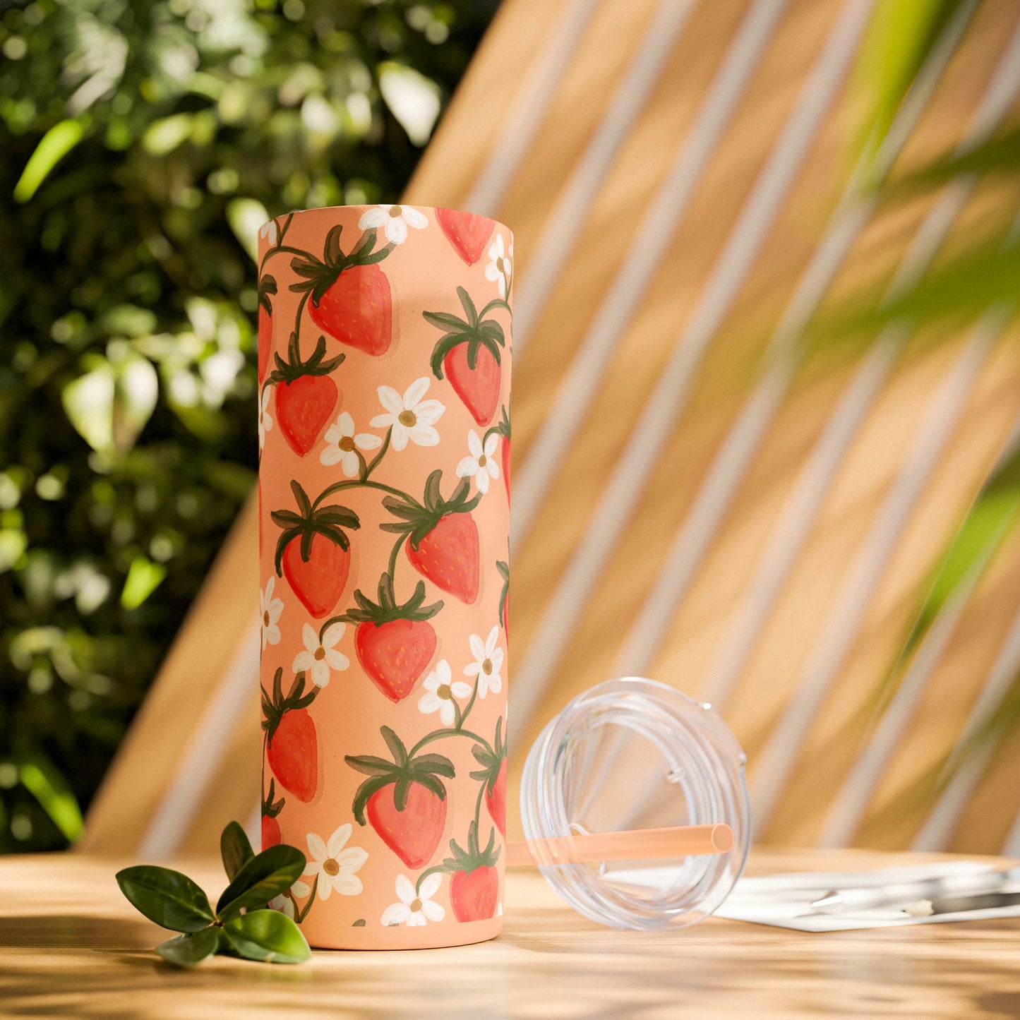 Pink Strawberry Skinny Tumbler, 20oz - Summer Fruit Drink Cup, BPA-Free Insulated Travel Mug, Reusable Eco-Friendly Cup, Gift for Smoothie