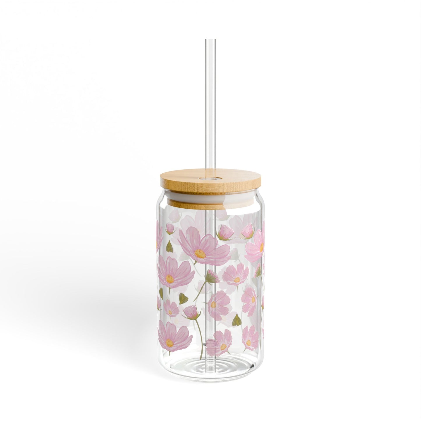 Pink Flower Sipper Glass, 16oz - Delicate Floral Glass Cup, Botanical Drinkware, Spring Gift for Her, Handmade Wedding Favor