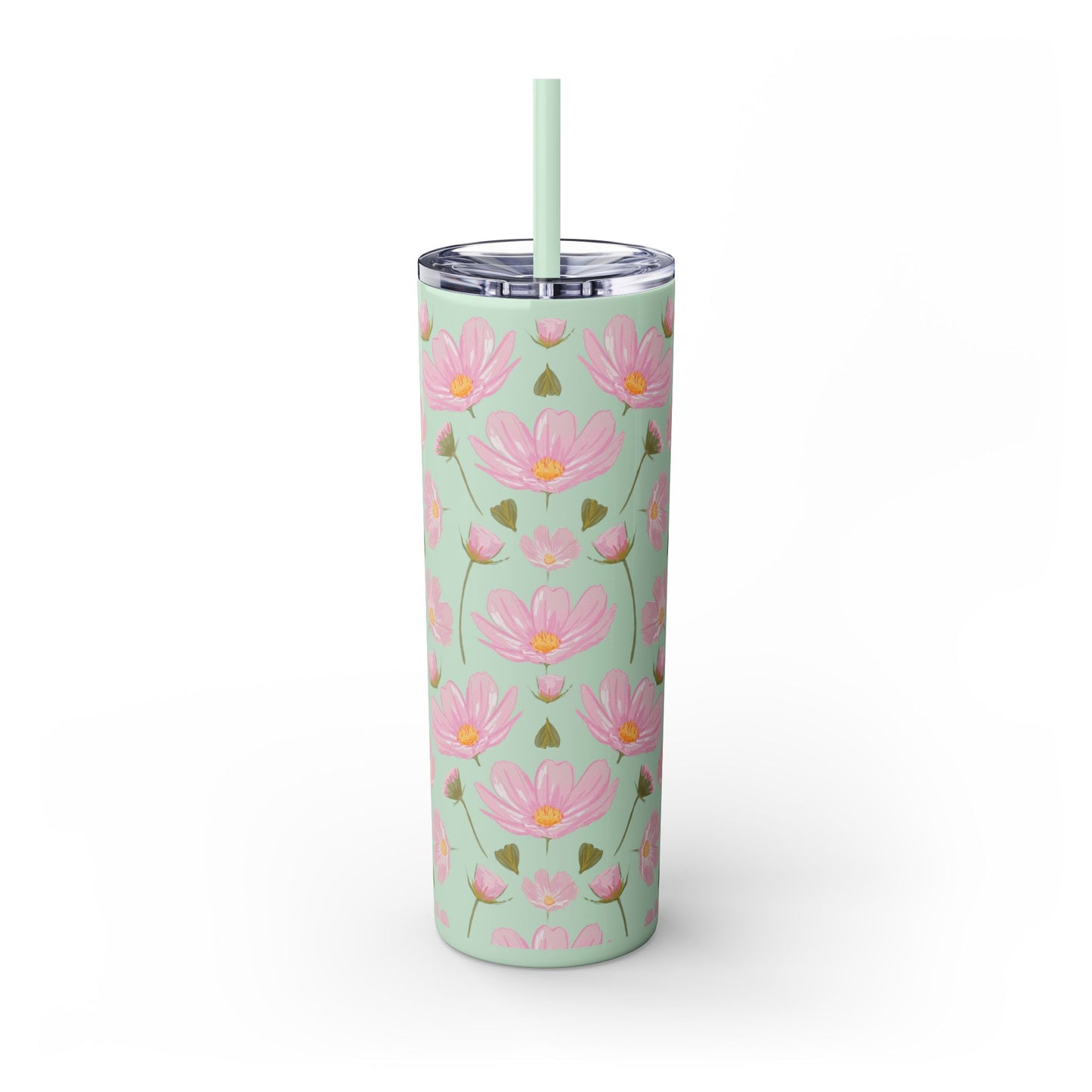 Pink Flower Skinny Tumbler, Floral Summer Water Bottle, 20oz Insulated Cup, Gift for Her, Travel Mug, Bridesmaid Gift, Eco-Friendly Reusable