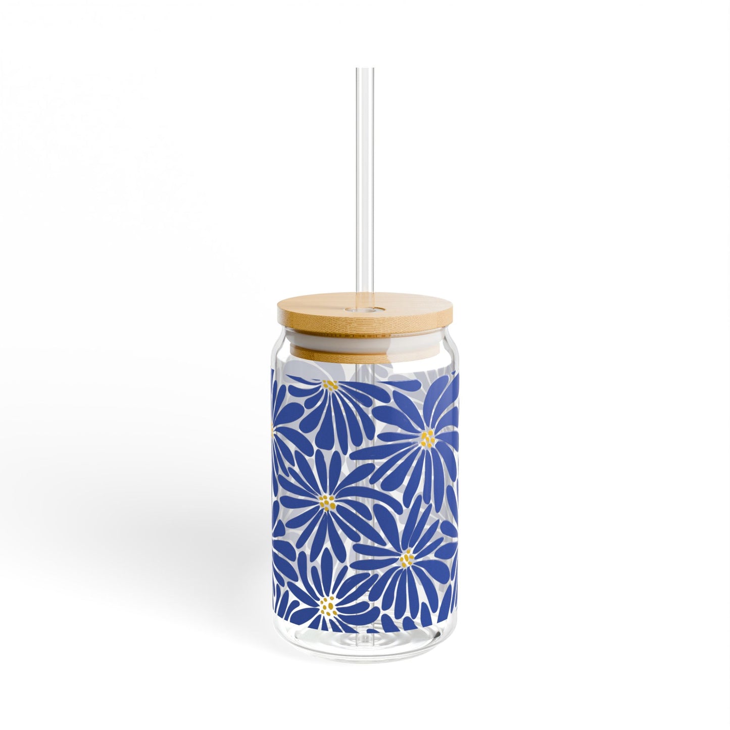 Elegant Blue and Gold Floral Sipper Glass, Stylish 16oz Drinkware, Summer Event cups, Glass cup, Vinyl Glass Cup, Great Gifts ideas