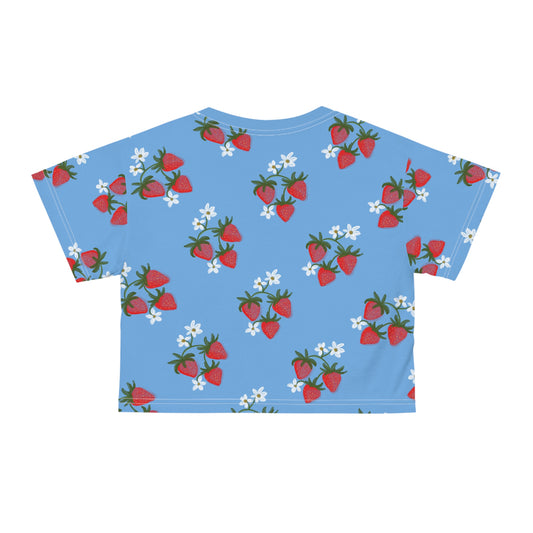 Strawberry Pattern Crop Tee, Summer Fruit Print Cropped T-Shirt, Cute Berry Design Shirt, Short Sleeve Top, Red Berry Patterned Tee