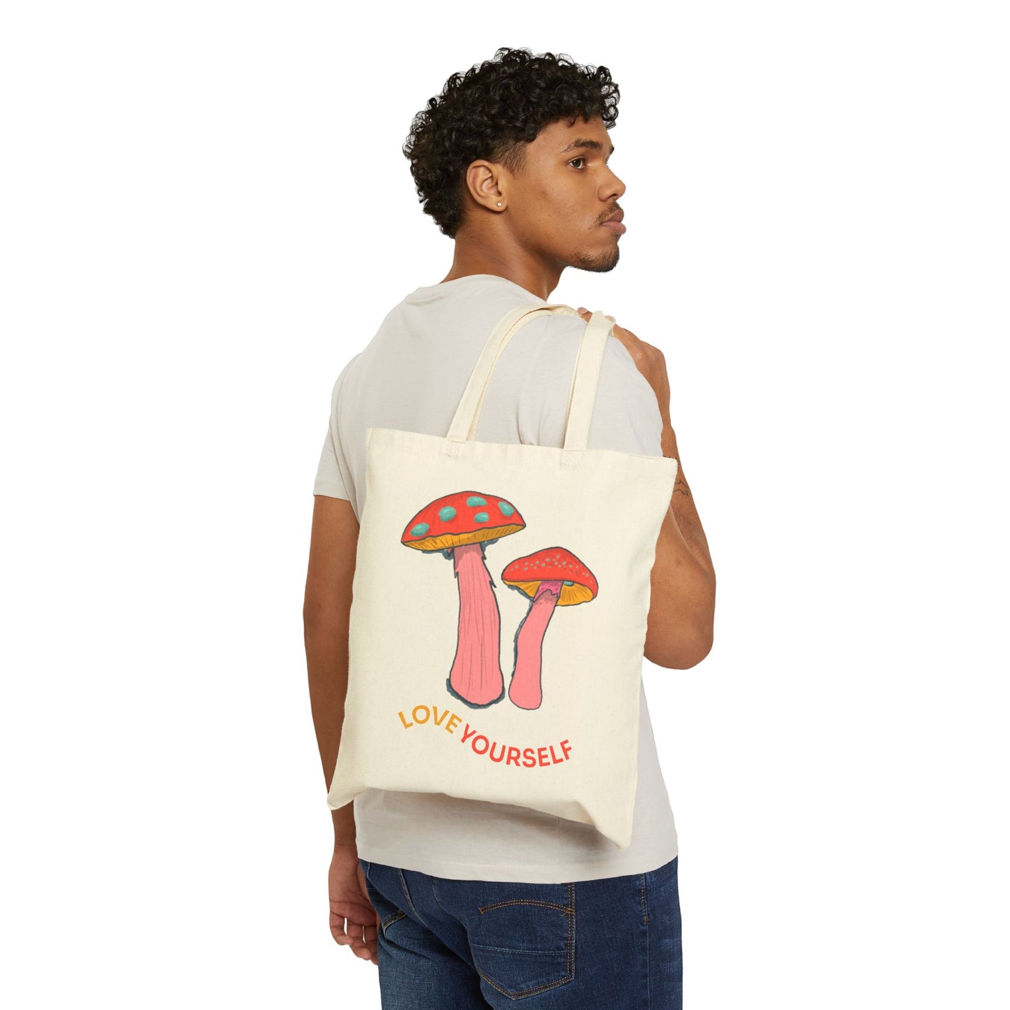 Love Yourself Mushroom Tote Bag, Eco-Friendly Cotton Tote, Gift for Friends, Reusable Shopping Bag, Positive Affirmation