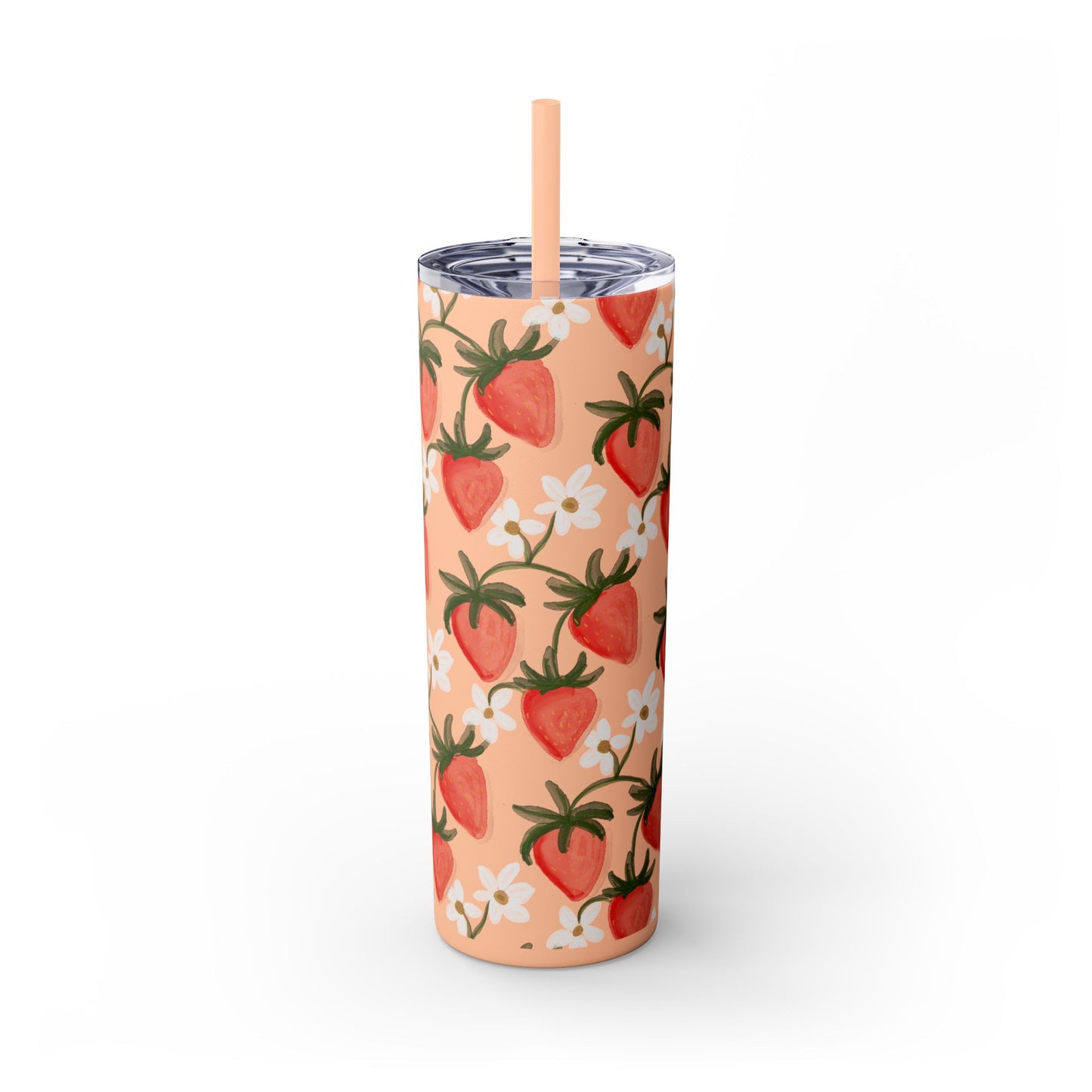 Pink Strawberry Skinny Tumbler, 20oz - Summer Fruit Drink Cup, BPA-Free Insulated Travel Mug, Reusable Eco-Friendly Cup, Gift for Smoothie