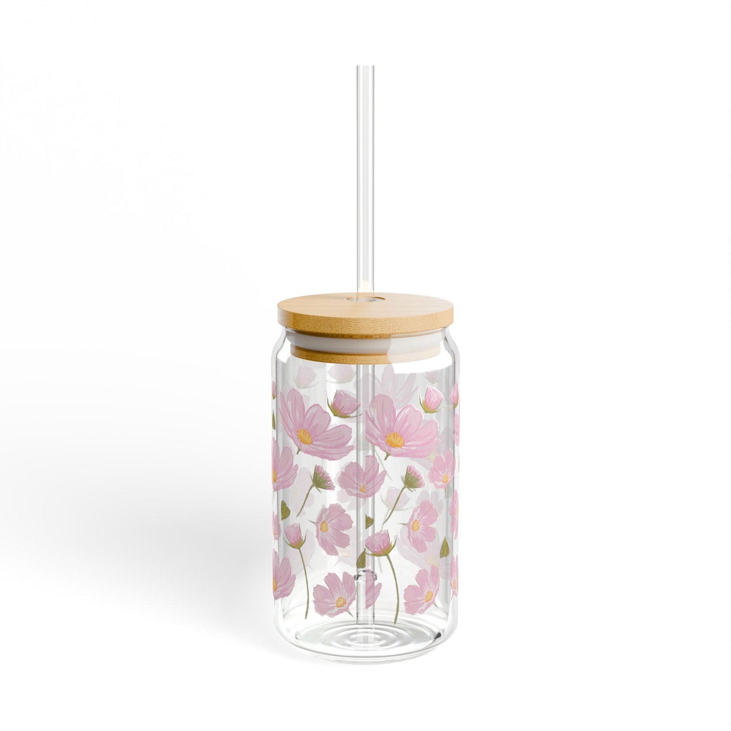 Pink Flower Sipper Glass, 16oz - Delicate Floral Glass Cup, Botanical Drinkware, Spring Gift for Her, Handmade Wedding Favor