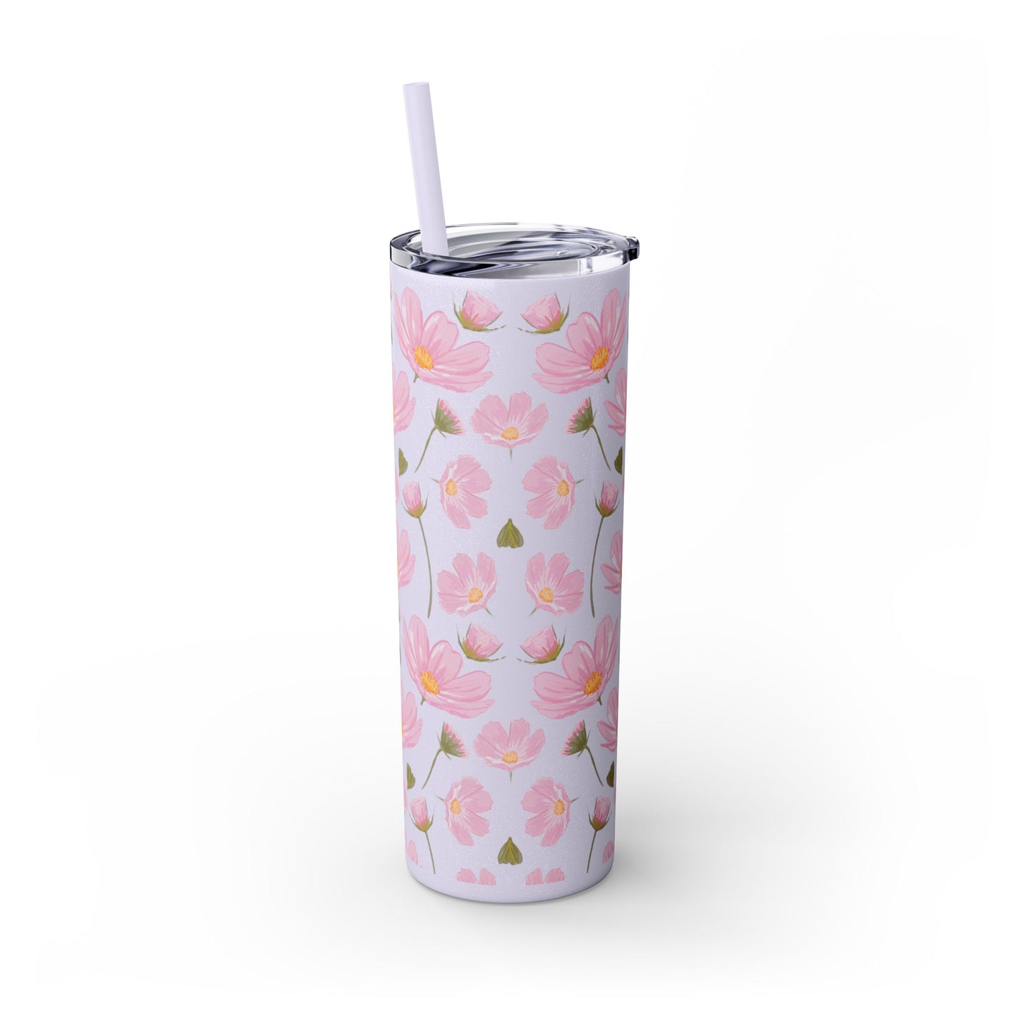 Pink Flower Skinny Tumbler, Floral Summer Water Bottle, 20oz Insulated Cup, Gift for Her, Travel Mug, Bridesmaid Gift, Eco-Friendly Reusable