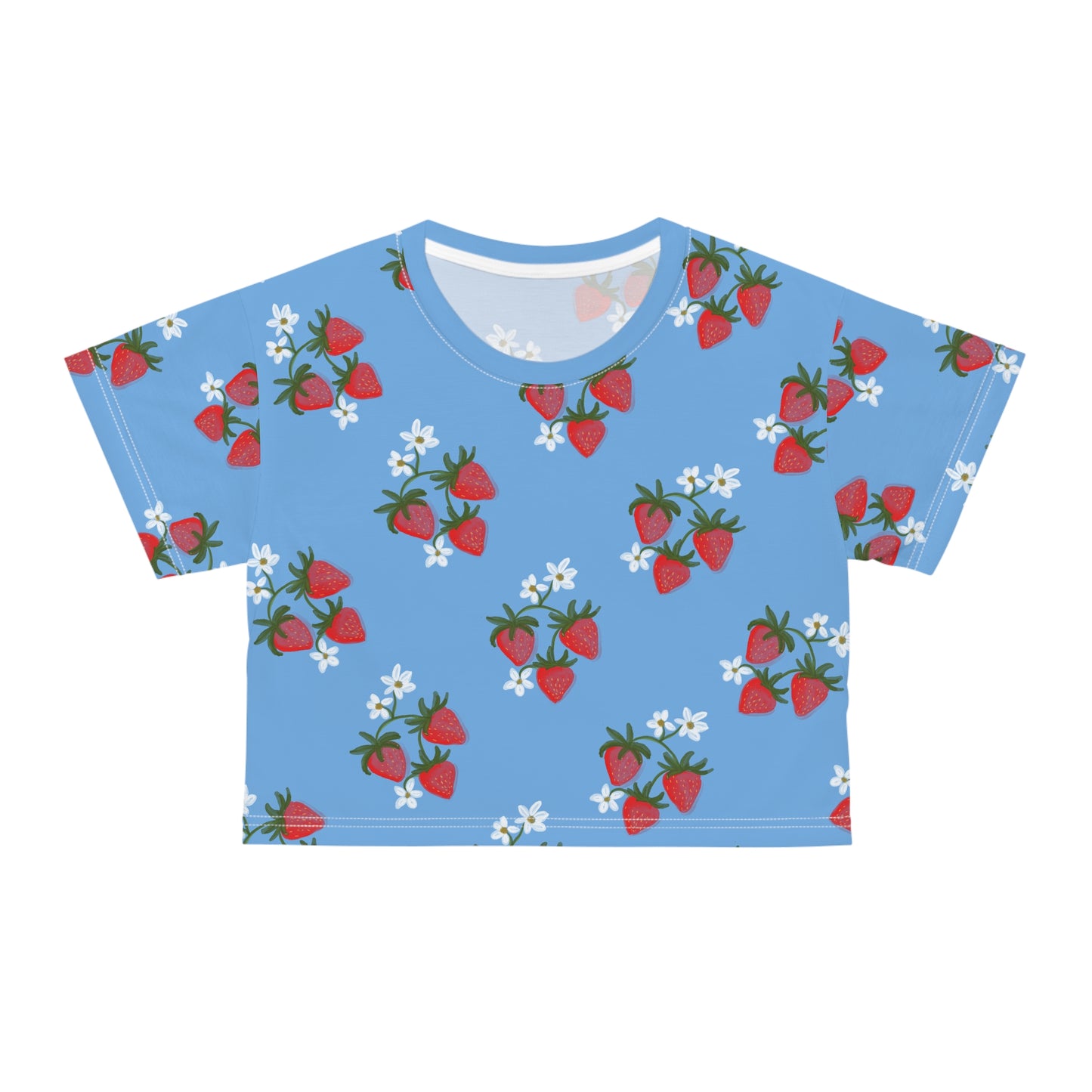 Strawberry Pattern Crop Tee, Summer Fruit Print Cropped T-Shirt, Cute Berry Design Shirt, Short Sleeve Top, Red Berry Patterned Tee
