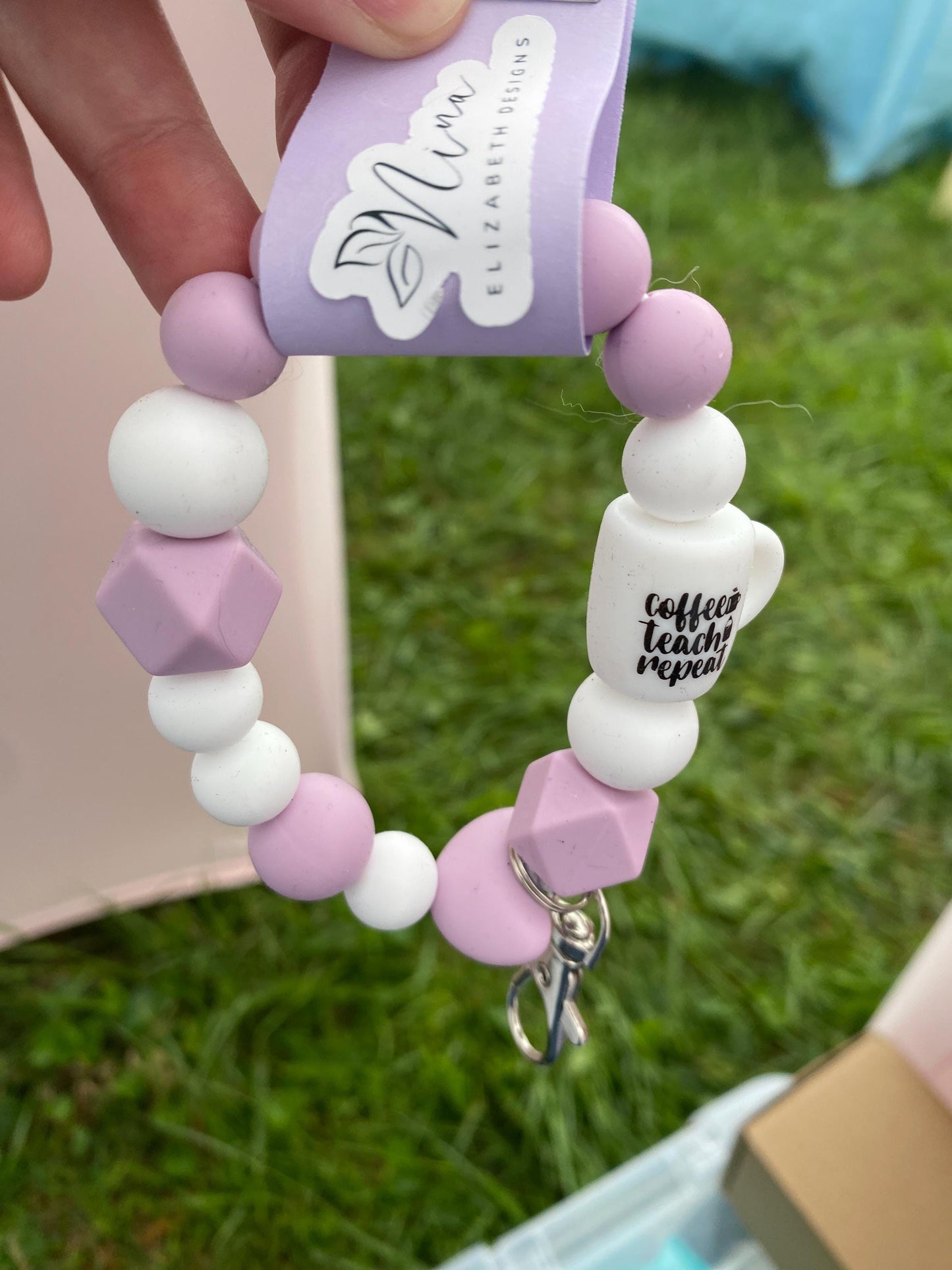 Coffee teach repeat Keychain Bracelet, gift for teacher, silicone bead bracelet, wallet bracelet, wallet keychain