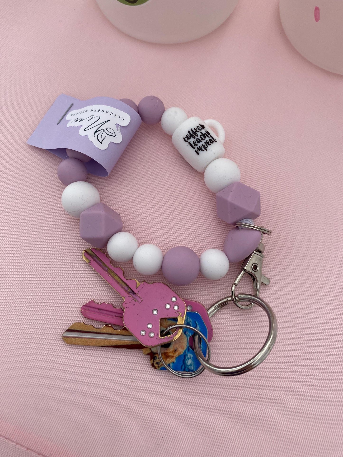 Coffee teach repeat Keychain Bracelet, gift for teacher, silicone bead bracelet, wallet bracelet, wallet keychain