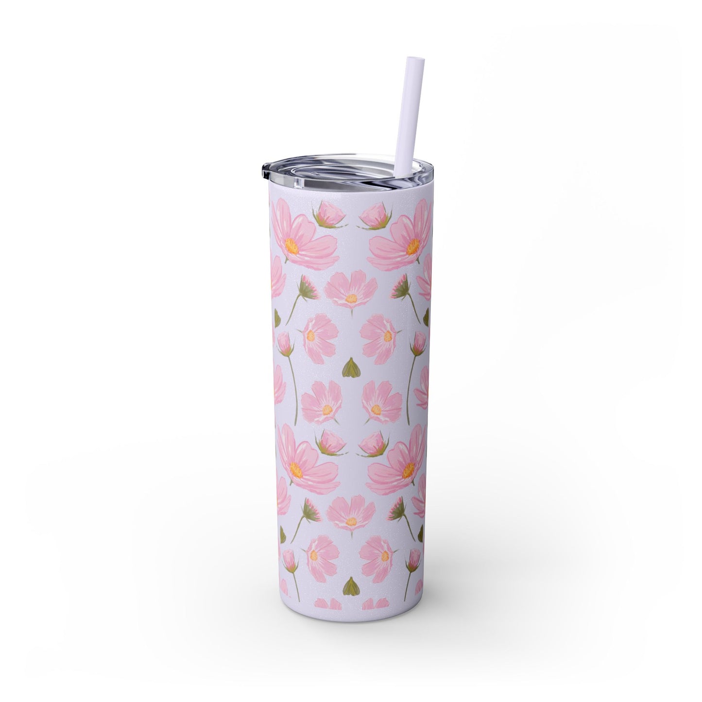 Pink Flower Skinny Tumbler, Floral Summer Water Bottle, 20oz Insulated Cup, Gift for Her, Travel Mug, Bridesmaid Gift, Eco-Friendly Reusable