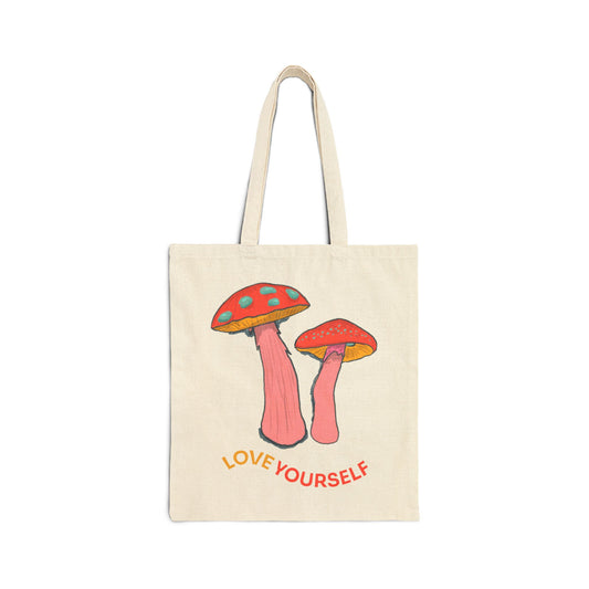 Love Yourself Mushroom Tote Bag, Eco-Friendly Cotton Tote, Gift for Friends, Reusable Shopping Bag, Positive Affirmation