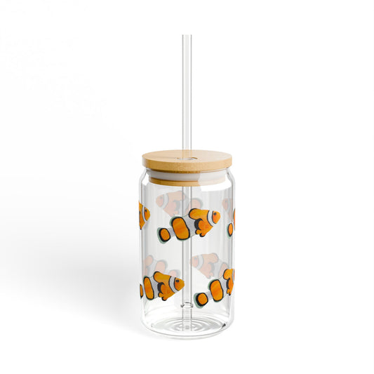 Glass Sipper Mug with Clown Fish Design, Unique 16oz Cup for Ocean Lovers, Nautical Theme Drinkware, Under the Sea Coffee Tumbler, Fish