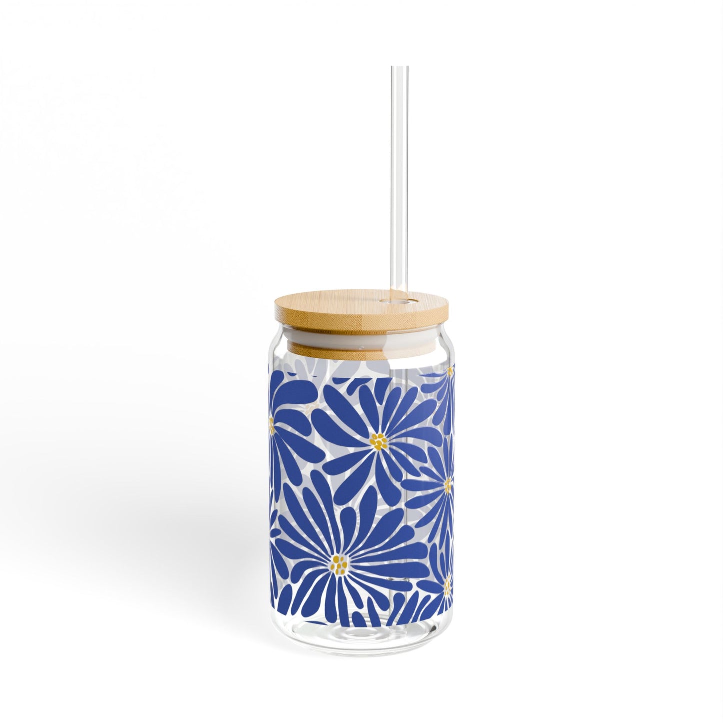 Elegant Blue and Gold Floral Sipper Glass, Stylish 16oz Drinkware, Summer Event cups, Glass cup, Vinyl Glass Cup, Great Gifts ideas