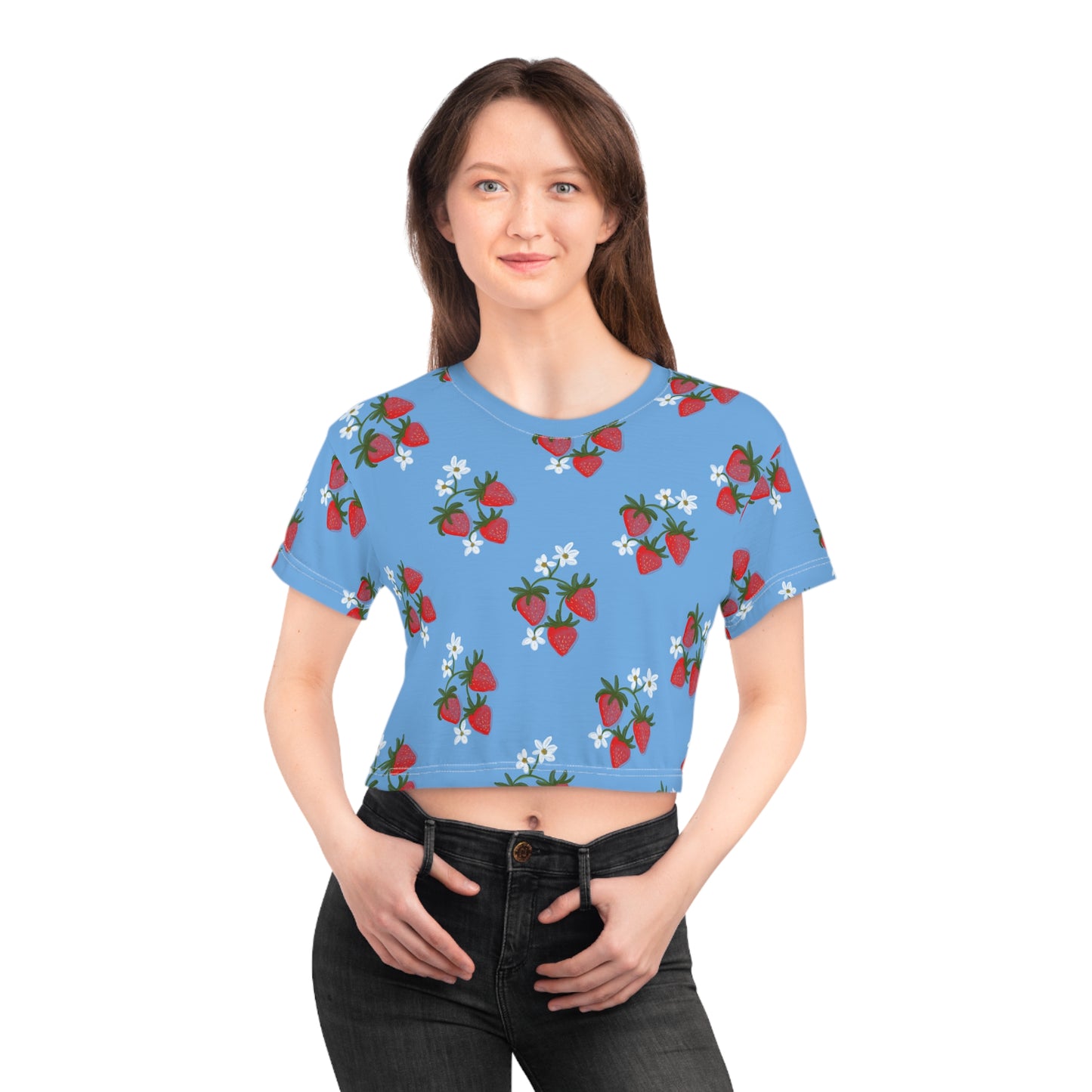Strawberry Pattern Crop Tee, Summer Fruit Print Cropped T-Shirt, Cute Berry Design Shirt, Short Sleeve Top, Red Berry Patterned Tee