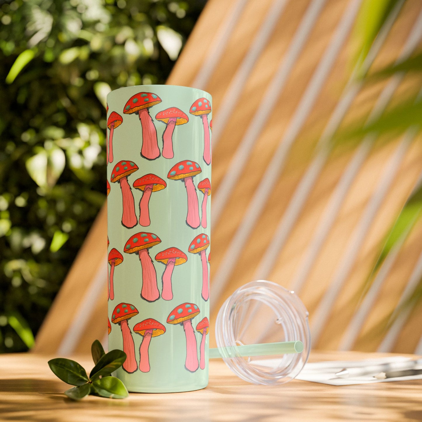 Fairy Tumbler, Pink Mushroom Design, Skinny Cup, Fantasy Drinkware, Enchanted Reusable Tumbler, Magic Drink Holder