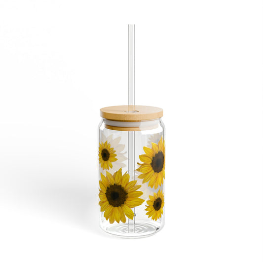 Sunflower Sipper Glass Mug, Floral Glass Cup for Iced Coffee, 16oz Tumbler, Gift for Coffee Lover, Summer Drinkware, Kitchen Decor