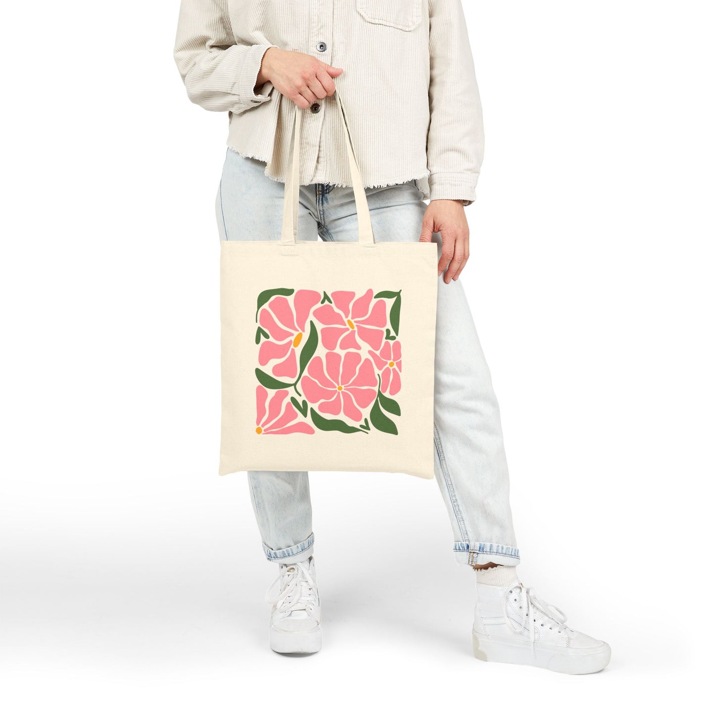 Floral Cotton Canvas Tote Bag with Vibrant Pink Flowers, Eco-Friendly Shopping Bag, Gift for Her, Beach Tote, Spring Accessory