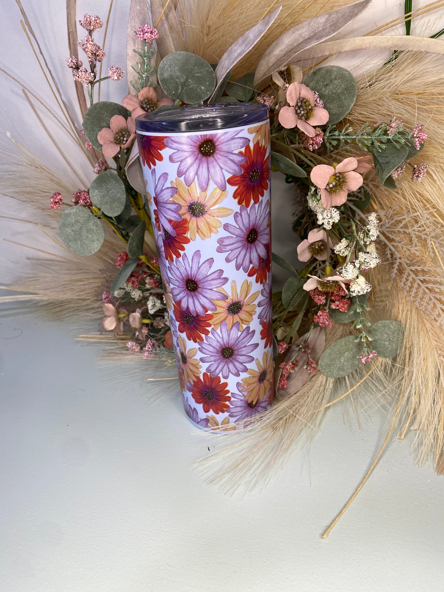 Floral Skinny Tumbler, 20oz with Straw - Cute Floral Pattern Design, Gift for Her, BPA Free, Hot Pink Floral Tumbler, Spring Floral Cup