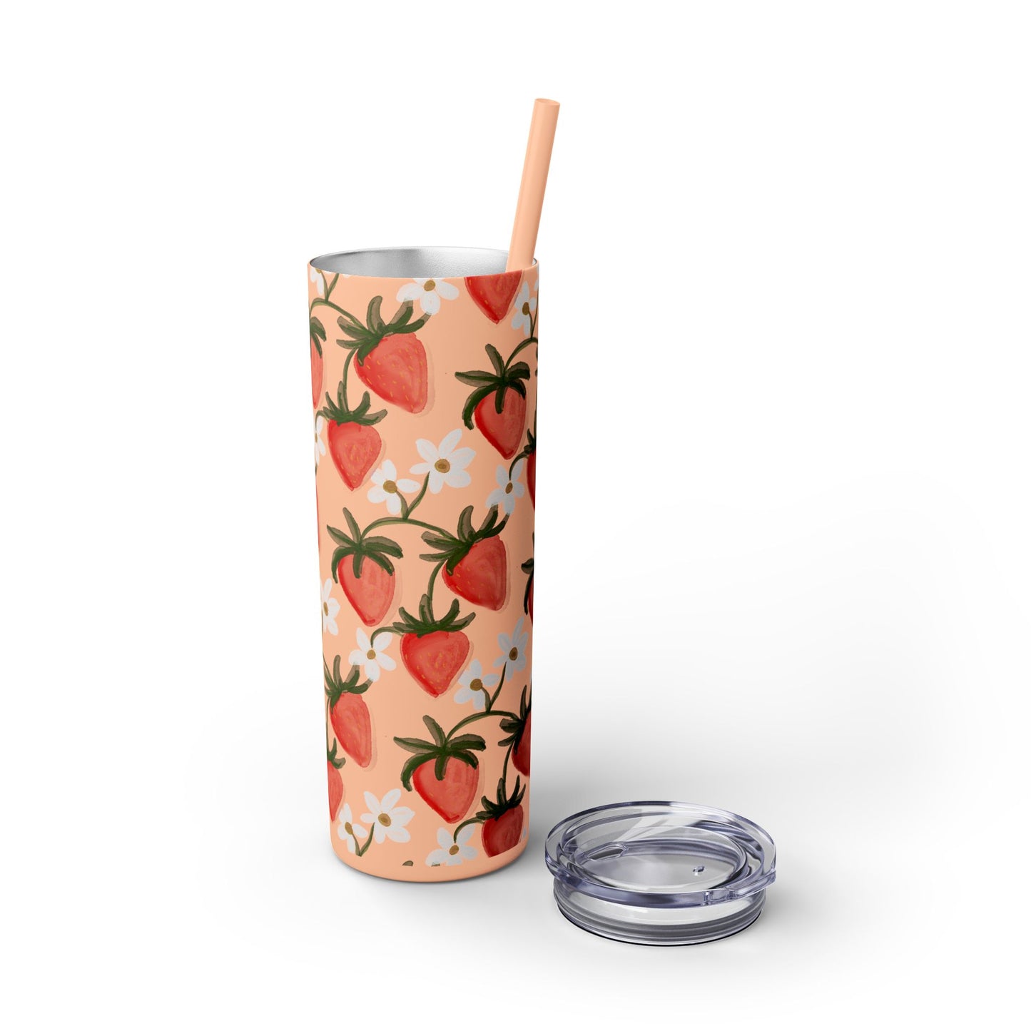Pink Strawberry Skinny Tumbler, 20oz - Summer Fruit Drink Cup, BPA-Free Insulated Travel Mug, Reusable Eco-Friendly Cup, Gift for Smoothie