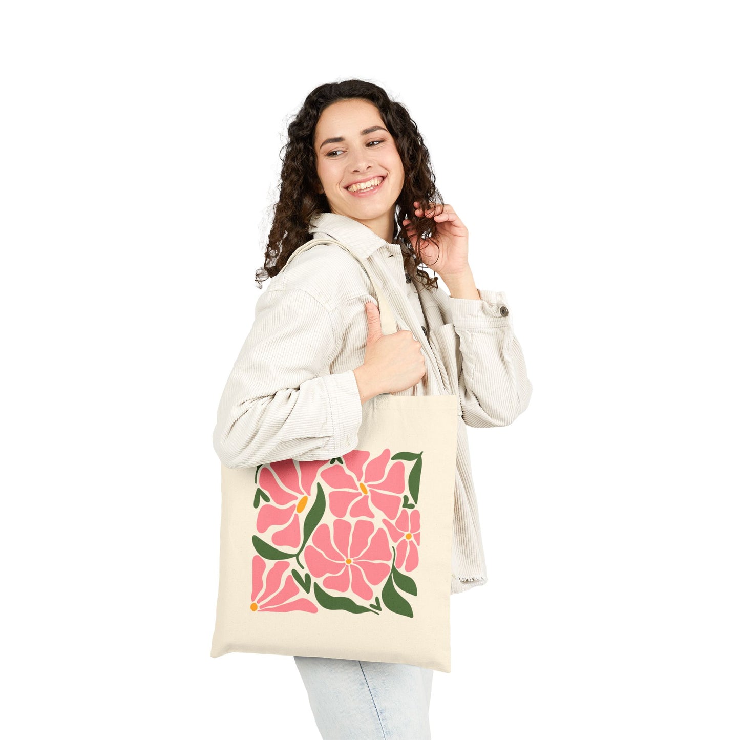 Floral Cotton Canvas Tote Bag with Vibrant Pink Flowers, Eco-Friendly Shopping Bag, Gift for Her, Beach Tote, Spring Accessory