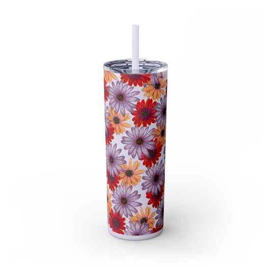 Floral Skinny Tumbler, 20oz with Straw - Cute Floral Pattern Design, Gift for Her, BPA Free, Hot Pink Floral Tumbler, Spring Floral Cup