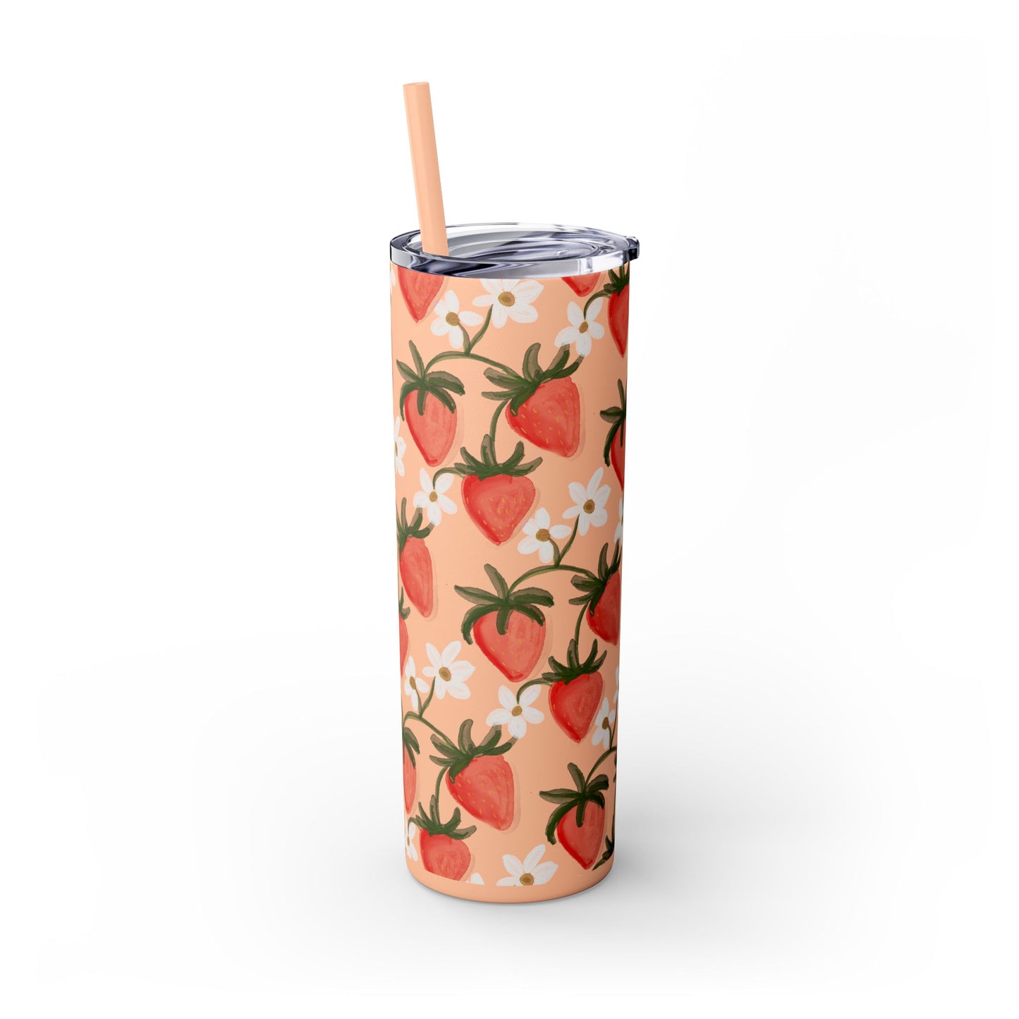 Pink Strawberry Skinny Tumbler, 20oz - Summer Fruit Drink Cup, BPA-Free Insulated Travel Mug, Reusable Eco-Friendly Cup, Gift for Smoothie