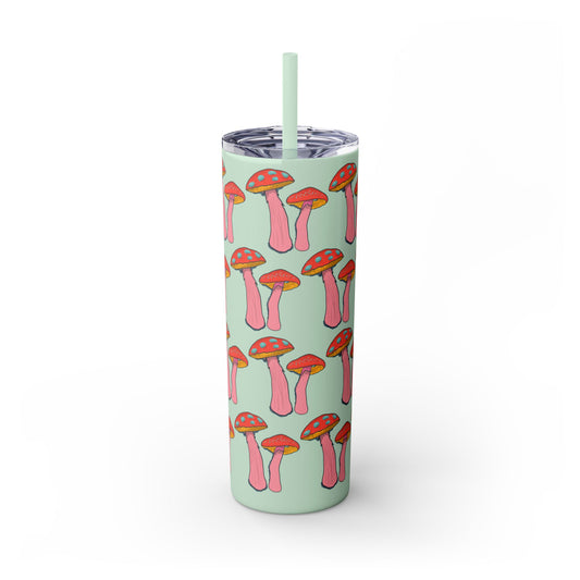 Fairy Tumbler, Pink Mushroom Design, Skinny Cup, Fantasy Drinkware, Enchanted Reusable Tumbler, Magic Drink Holder