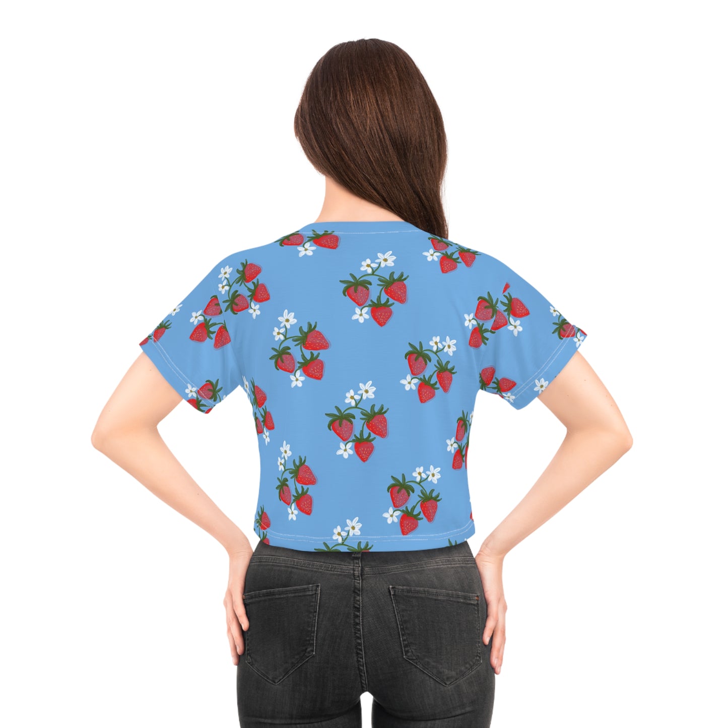 Strawberry Pattern Crop Tee, Summer Fruit Print Cropped T-Shirt, Cute Berry Design Shirt, Short Sleeve Top, Red Berry Patterned Tee