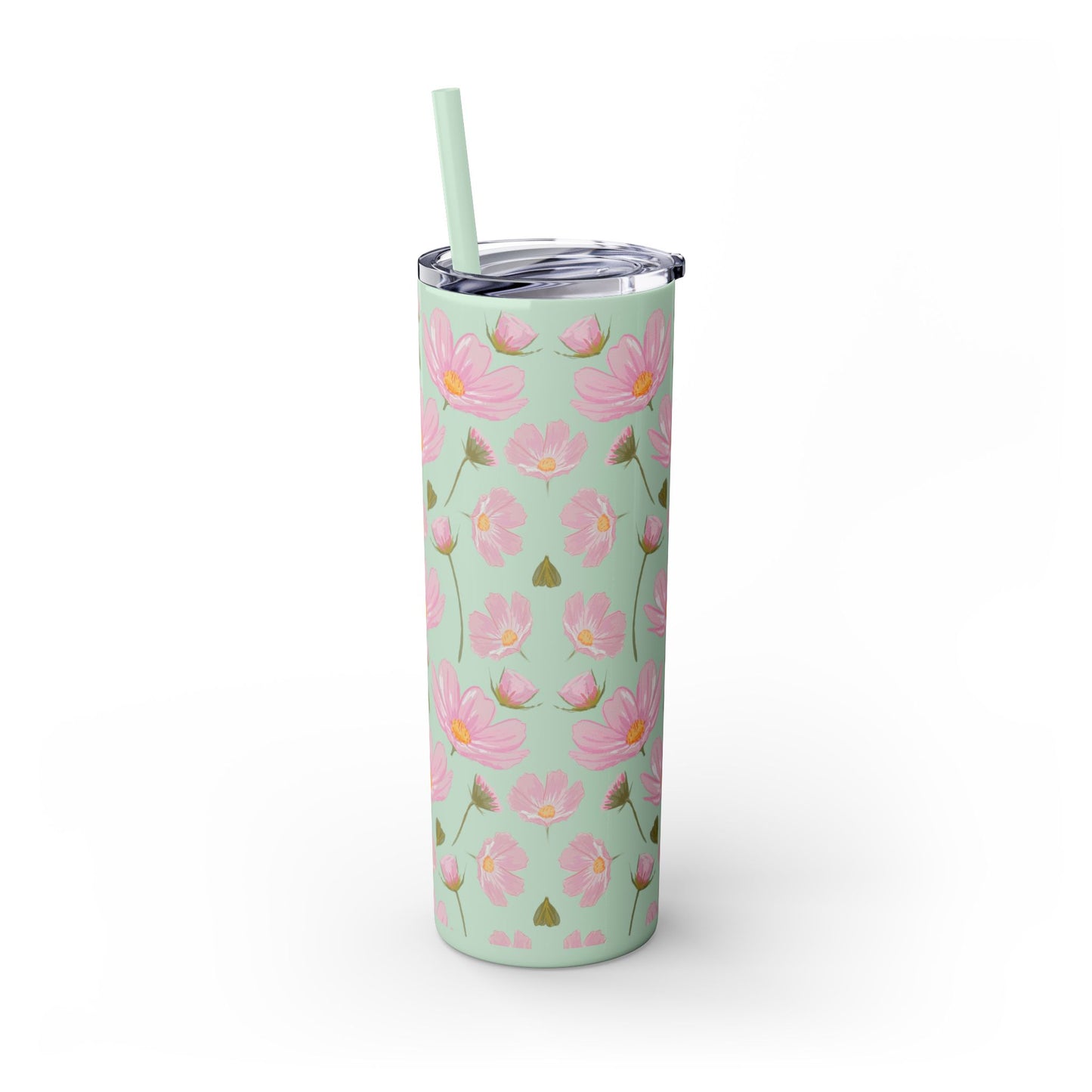 Pink Flower Skinny Tumbler, Floral Summer Water Bottle, 20oz Insulated Cup, Gift for Her, Travel Mug, Bridesmaid Gift, Eco-Friendly Reusable