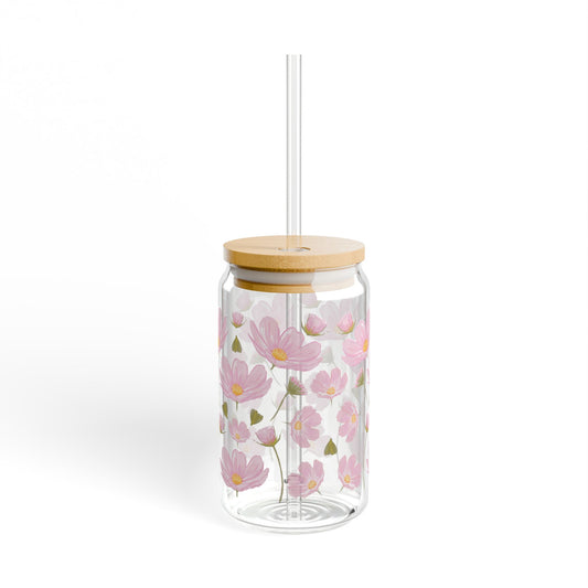 Pink Flower Sipper Glass, 16oz - Delicate Floral Glass Cup, Botanical Drinkware, Spring Gift for Her, Handmade Wedding Favor