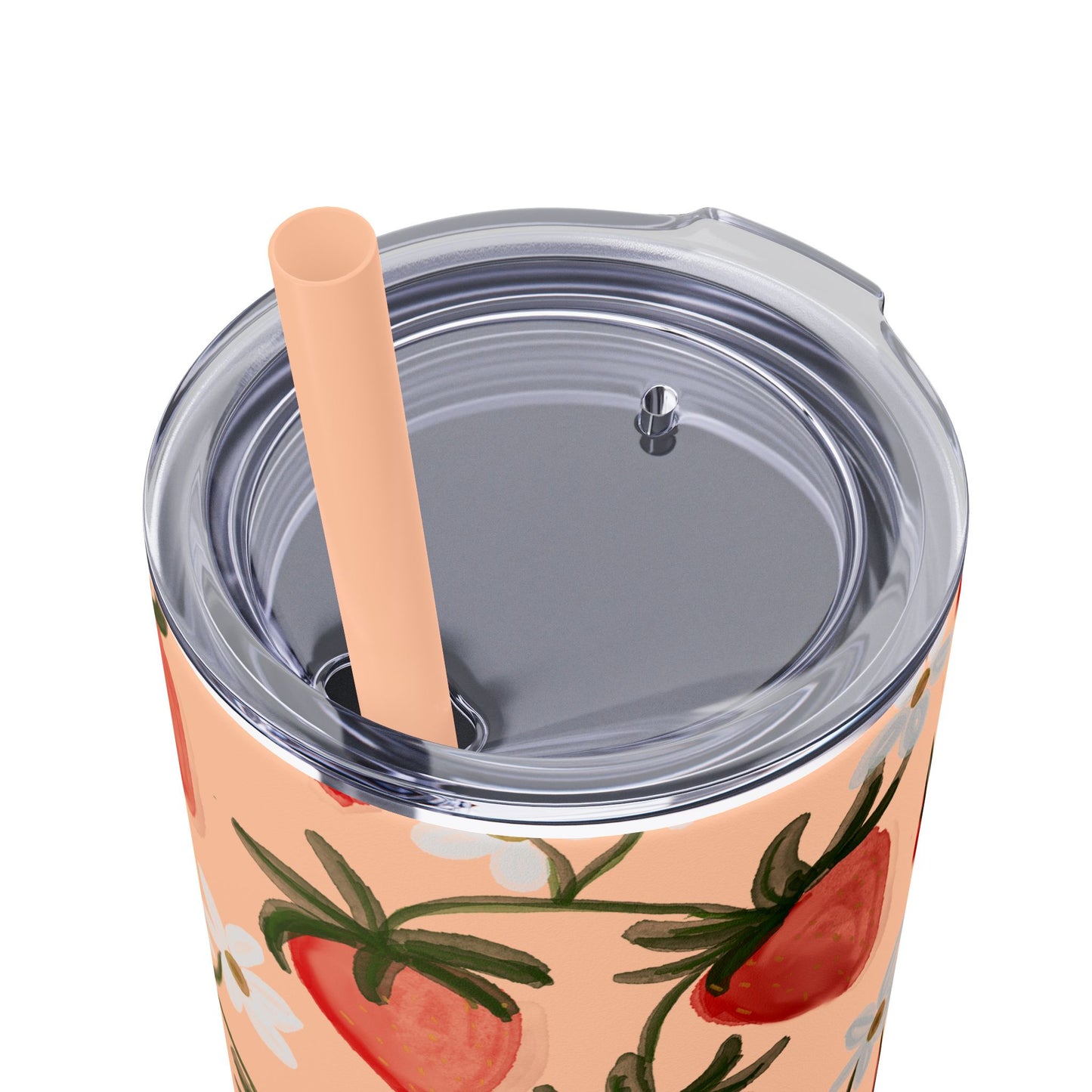 Pink Strawberry Skinny Tumbler, 20oz - Summer Fruit Drink Cup, BPA-Free Insulated Travel Mug, Reusable Eco-Friendly Cup, Gift for Smoothie