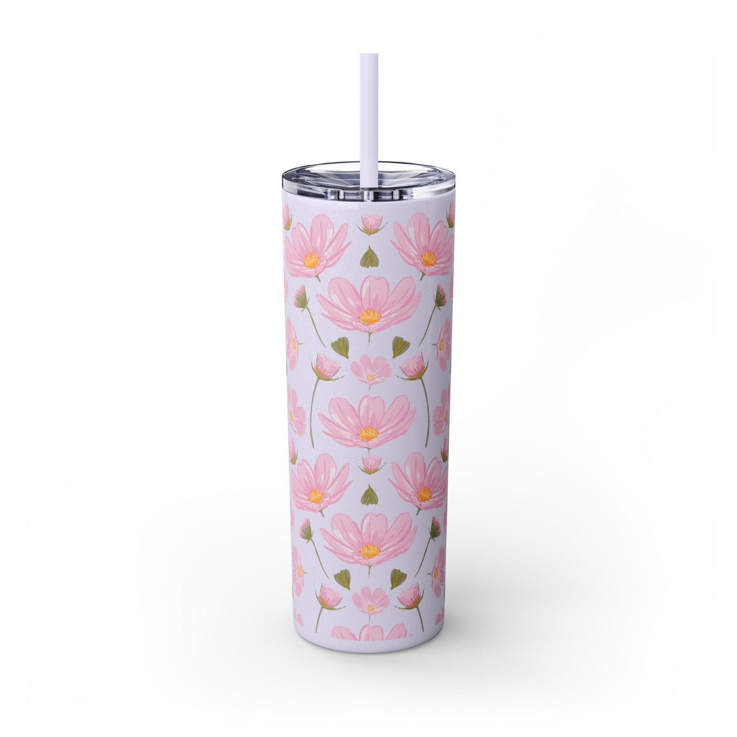 Pink Flower Skinny Tumbler, Floral Summer Water Bottle, 20oz Insulated Cup, Gift for Her, Travel Mug, Bridesmaid Gift, Eco-Friendly Reusable