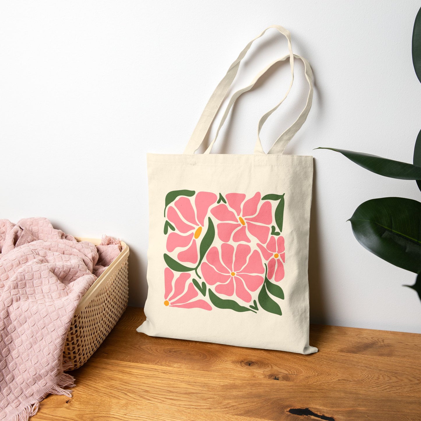 Floral Cotton Canvas Tote Bag with Vibrant Pink Flowers, Eco-Friendly Shopping Bag, Gift for Her, Beach Tote, Spring Accessory