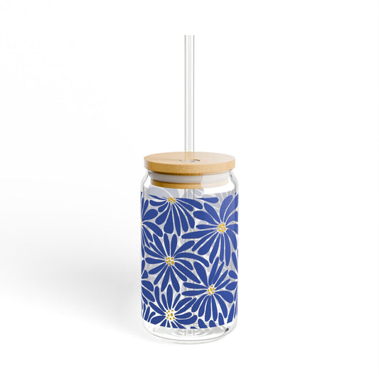 Elegant Blue and Gold Floral Sipper Glass, Stylish 16oz Drinkware, Summer Event cups, Glass cup, Vinyl Glass Cup, Great Gifts ideas