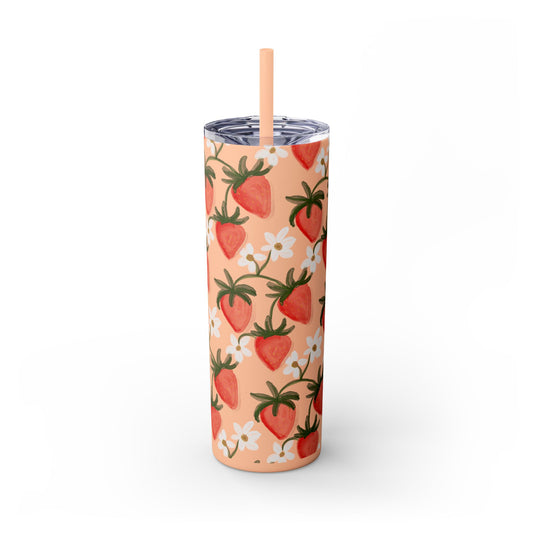 Pink Strawberry Skinny Tumbler, 20oz - Summer Fruit Drink Cup, BPA-Free Insulated Travel Mug, Reusable Eco-Friendly Cup, Gift for Smoothie