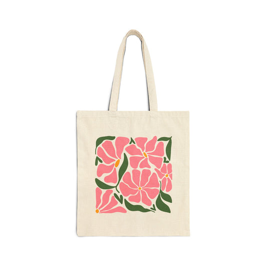 Floral Cotton Canvas Tote Bag with Vibrant Pink Flowers, Eco-Friendly Shopping Bag, Gift for Her, Beach Tote, Spring Accessory