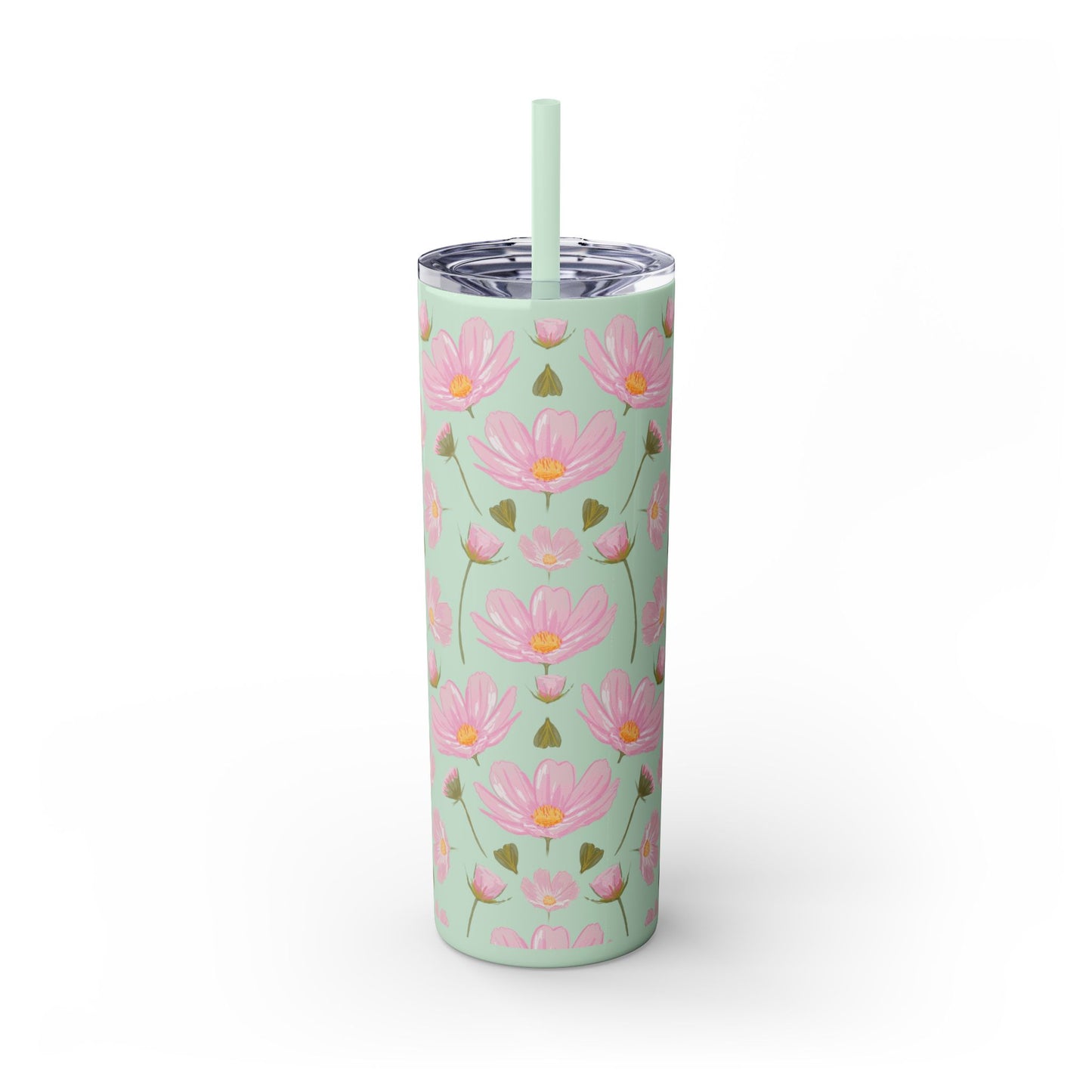 Pink Flower Skinny Tumbler, Floral Summer Water Bottle, 20oz Insulated Cup, Gift for Her, Travel Mug, Bridesmaid Gift, Eco-Friendly Reusable