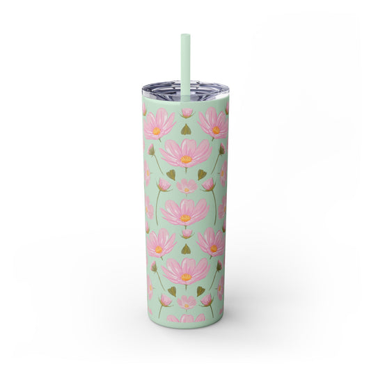 Pink Flower Skinny Tumbler, Floral Summer Water Bottle, 20oz Insulated Cup, Gift for Her, Travel Mug, Bridesmaid Gift, Eco-Friendly Reusable