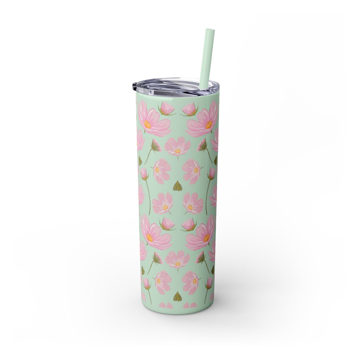 Pink Flower Skinny Tumbler, Floral Summer Water Bottle, 20oz Insulated Cup, Gift for Her, Travel Mug, Bridesmaid Gift, Eco-Friendly Reusable