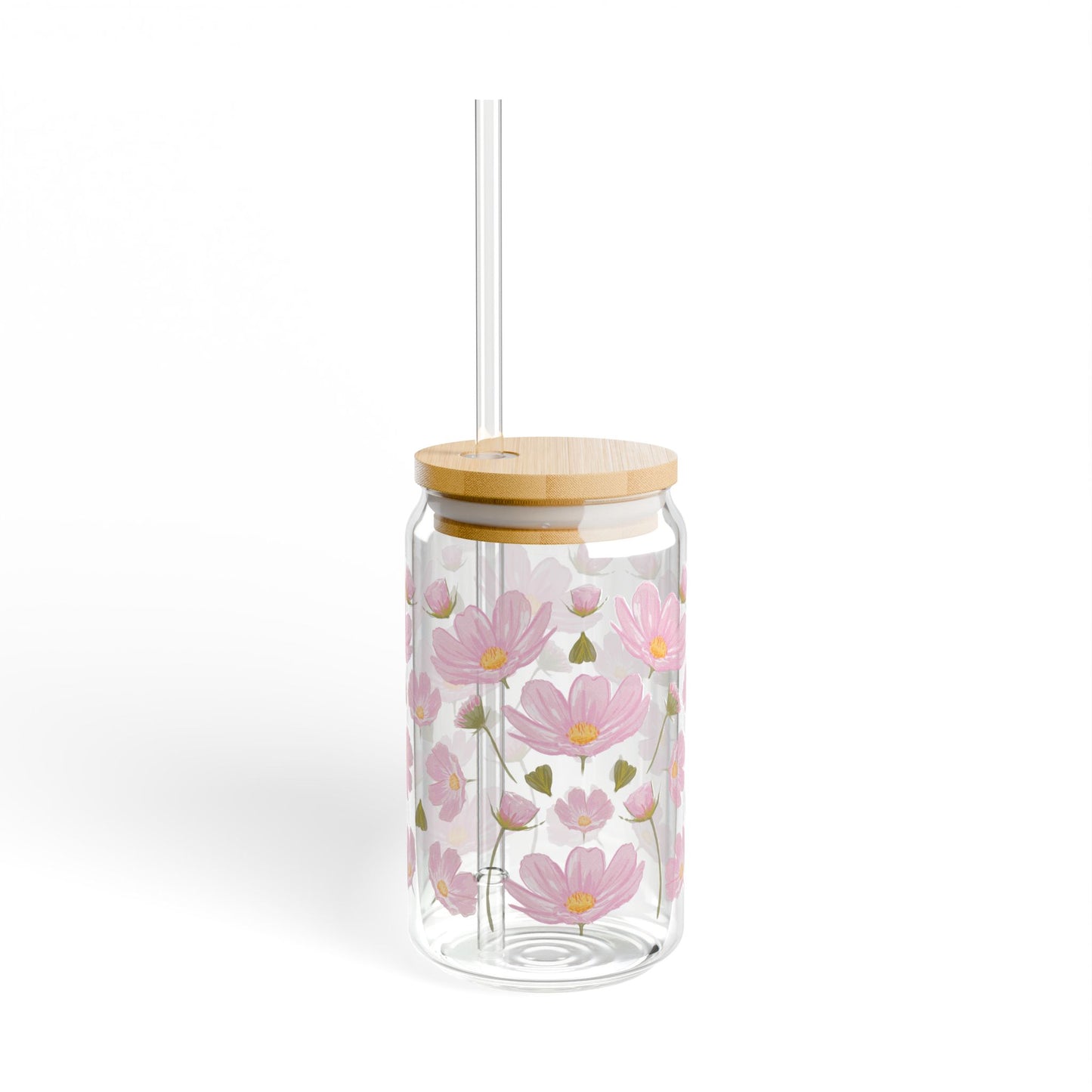 Pink Flower Sipper Glass, 16oz - Delicate Floral Glass Cup, Botanical Drinkware, Spring Gift for Her, Handmade Wedding Favor