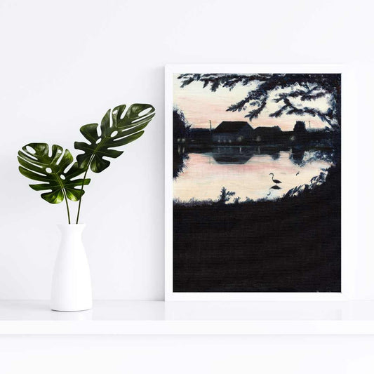 Sunset Landscape Painting Print - Landscape Wall Art, Pond Painting Print, Landscape Home Decor, Pink Sunset Original Artwork, Acrylic Paint