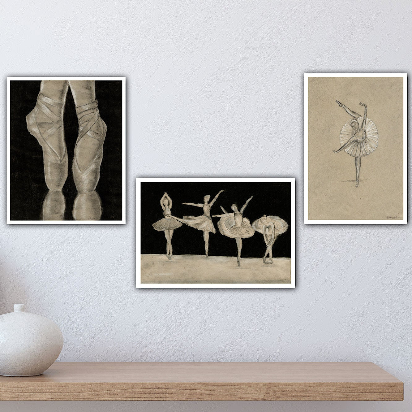 Progression Painting- Charcoal drawing Ballerina shoes Fine Art Print Black white drawing Ballerina wall art Ballerina Painting Wall Decor