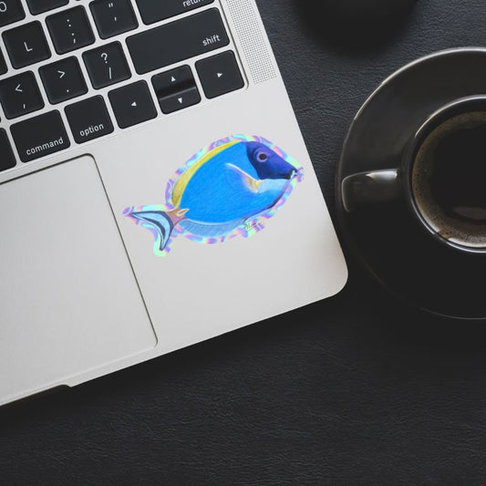 Holo Fish Sticker - Powder Blue Tang Holo Sticker, Saltwater Fish Sticker, Laptop Sticker, Holo Sticker, Water Bottle Sticker, Reef Tank Art